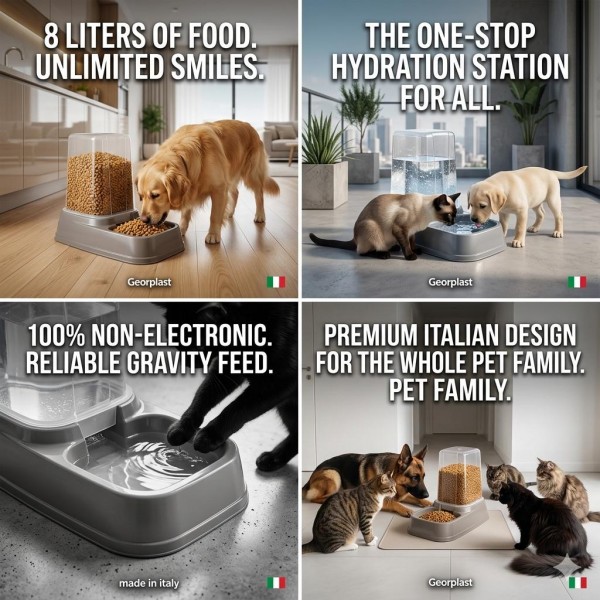 Georplast “Eat & Drink” 2-in-1 Gravity Pet Food & Water Dispenser, 8L Extra Large Capacity – Manual Non-Electronic Feeder for Dogs & Cats (Grey, 44 × 25.5 × 36 cm)