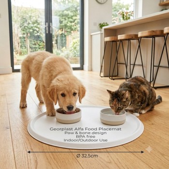 Georplast Alfa Food Placemat Round Pet Feeding Mat 32.5cm White – BPA-Free Non-Slip Food & Water Bowl Mat for Dogs & Cats – Paw & Bone Embossed Design