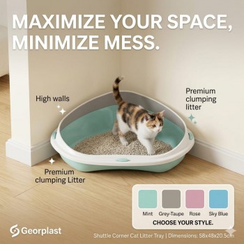 Georplast Shuttle Corner Cat Litter Tray Grey 58x48x20.5 cm – Space Saving Triangular Corner Litter Box for Cats – Durable Premium Plastic High Wall Open Cat Toilet Pan – Easy Clean Hygienic Pet Litter Tray for Kittens, Adult & Large Cats