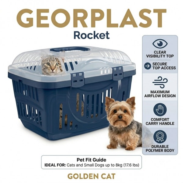Georplast Rocket Pet Carrier 49x33x33 cm Navy Blue – Transparent Lid Ventilated Travel Box for Cats and Small Dogs, Durable Portable Pet Transport Crate