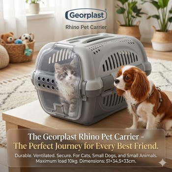 Georplast Rhino Pet Carrier for Cats and Small Dogs – Durable Plastic Travel Kennel with Ventilation & Sturdy Handle – Gray – 51 x 34.5 x 33 cm – Max Load 10 kg