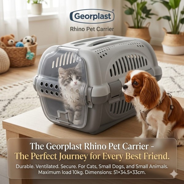 Georplast Rhino Pet Carrier for Cats and Small Dogs – Durable Plastic Travel Kennel with Ventilation & Sturdy Handle – Gray – 51 x 34.5 x 33 cm – Max Load 10 kg