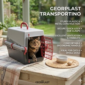 Georplast Transportino Pet Carrier – Durable Plastic Travel Crate for Cats & Small Dogs (50x33x32cm, Up to 10kg) | Ventilated Pet Transport Box with Strong Handle for Safe Travel