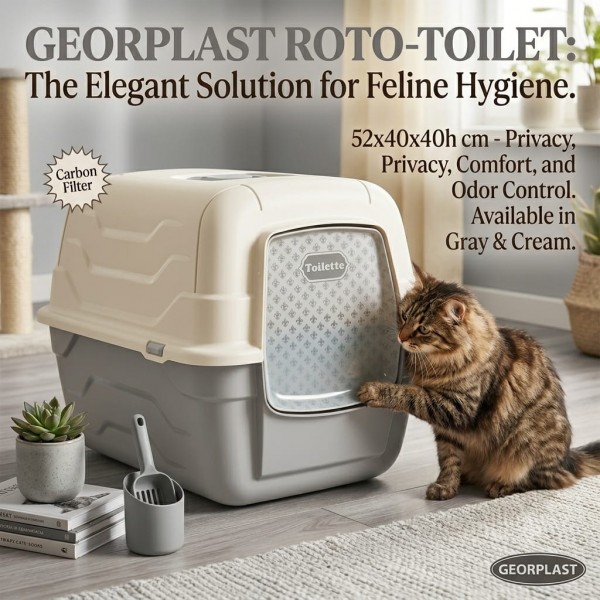 Georplast Roto-Toilet Enclosed Cat Litter Box Gray – Hooded Cat Toilet with Active Carbon Odor Filter, Privacy Design & Easy-Clean Access – 52 x 40 x 40 cm