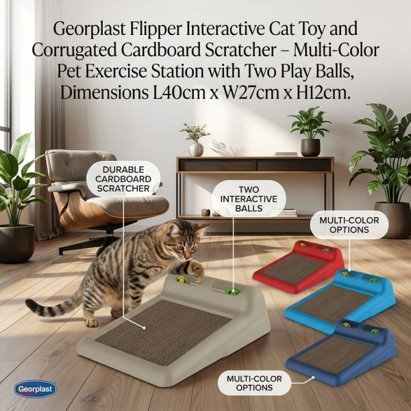 Georplast Flipper Interactive Cat Toy & Scratcher – 2-in-1 Corrugated Cardboard Scratch Pad with Dual Ball Track – Mental Stimulation & Exercise Station for Cats & Kittens – Dark Gray – L40 x W27 x H12 cm