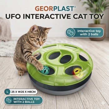 Georplast UFO Interactive Cat Toy Green – Interactive Saucer Shape Cat Puzzle Toy with 2 Rolling Balls – Indoor Chase & Hunting Exercise Toy for Cats & Kittens (25x25x8 cm)