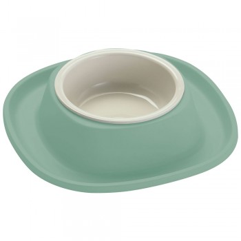 Georplast Volcano Soft Touch Single Pet Bowl Green with Integrated Spill Catch Tray Durable Non Slip Feeding Bowl for Cats and Small Dogs 230ml 20x20x3.5 cm Made in Italy