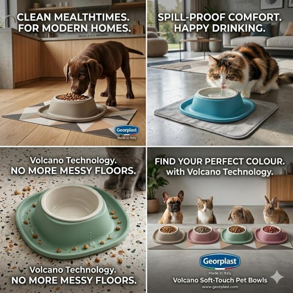 Georplast Volcano Soft Touch Single Pet Bowl Blue with Integrated Spill Catch Tray Durable Non Slip Feeding Bowl for Cats and Small Dogs 230ml 20x20x3.5 cm Made in Italy