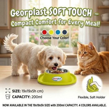 Georplast Soft Touch Stainless Steel Single Pet Bowl – Navy Blue Small Size 19x19x5h cm 200ml Removable Hygienic Steel Insert with Flexible Soft-Touch Non-Slip Holder for Cats and Small Dogs