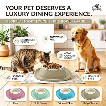 Georplast Soft Touch Plastic Single Bowl Large 600ml Pink Pet Feeding Dish with Removable Inner Bowl, Non-Slip Ergonomic Food & Water Bowl for Cats and Dogs, 28x28x5.5 cm, Made in Italy