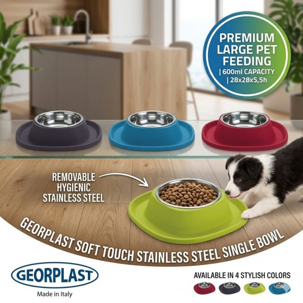 Georplast Soft Touch Stainless Steel Single Bowl Large Navy Blue – 600ml Non-Slip Durable Pet Feeding Bowl with Removable Stainless Steel Insert 28x28x5.5 cm Modern Pet Bowl for Cats and Small Dogs Made in Italy