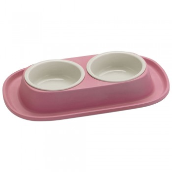 Georplast Soft Touch Double Bowl for Pets – Pink Non-Slip Dual Feeding Station with Removable 2 x 460ml Bowls | Easy-Clean Plastic Food & Water Bowl Set for Cats and Dogs