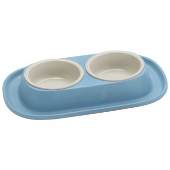 Georplast Soft Touch Double Bowl for Pets – Blue Non-Slip Dual Feeding Station with Removable 2 x 460ml Bowls | Easy-Clean Plastic Food & Water Bowl Set for Cats and Dogs