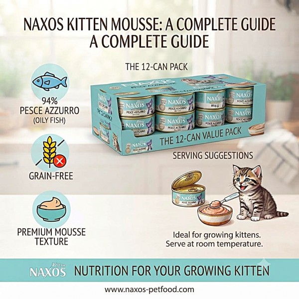 Naxos Kitten Grain Free Monoprotein Oily Fish Mousse Wet Cat Food 85g x 12 Pack Complete Nutrition for Kittens 3-12 Months with 94% Blue Fish Omega 3 Salmon Oil Spirulina & Pomegranate