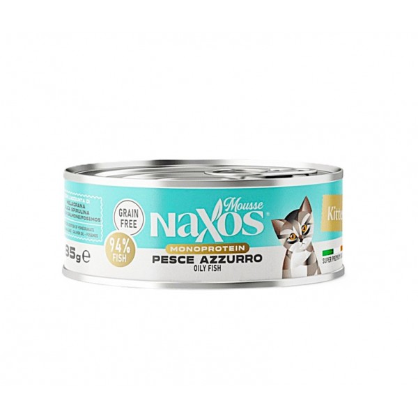 Naxos Kitten Grain Free Monoprotein Oily Fish Mousse Wet Cat Food 85g x 12 Pack Complete Nutrition for Kittens 3-12 Months with 94% Blue Fish Omega 3 Salmon Oil Spirulina & Pomegranate