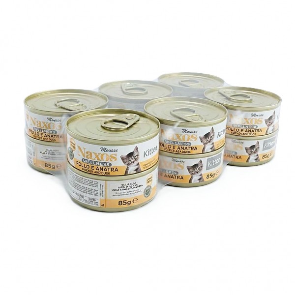 Naxos Kitten Wet Cat Food Mousse Chicken & Duck 85g x 12 Cans | Grain Free Premium Nutrition with Pomegranate, Spirulina Algae & Salmon Oil | Complete Balanced Food for Kittens 3 Months to 1 Year