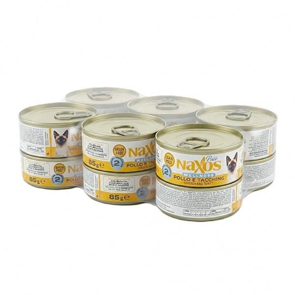 Naxos Grain Free Sterilized Adult Cat Wet Food Chicken and Turkey Pate with Salmon Oil Pomegranate Spirulina 85g x 12 Cans Box