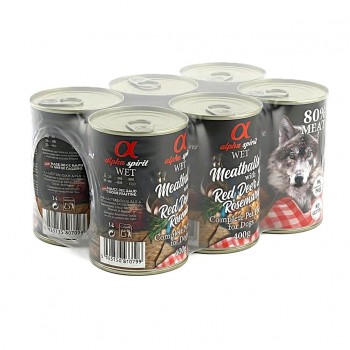 Alpha Spirit Meatballs with Red Deer & Rosemary Wet Dog Food 400g x 6 Cans, Complete Grain Free Adult Dog Food with 80% Fresh Chicken Pork and Venison, Natural Vegetables and Essential Vitamins