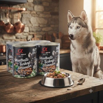 Alpha Spirit Meatballs Turkey And Coriander Wet Dog Food 400g x 6 Cans Complete Grain Free Adult Dog Food High Meat Recipe With Chicken Pork Turkey Vegetables Premium Natural Nutrition For All Breeds Over 1 Year