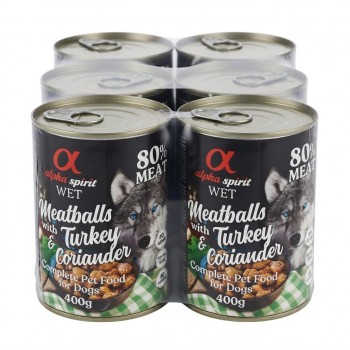 Alpha Spirit Meatballs Turkey And Coriander Wet Dog Food 400g x 6 Cans Complete Grain Free Adult Dog Food High Meat Recipe With Chicken Pork Turkey Vegetables Premium Natural Nutrition For All Breeds Over 1 Year