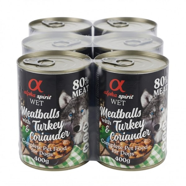Alpha Spirit Meatballs Turkey And Coriander Wet Dog Food 400g x 6 Cans Complete Grain Free Adult Dog Food High Meat Recipe With Chicken Pork Turkey Vegetables Premium Natural Nutrition For All Breeds Over 1 Year