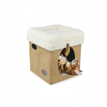 Lambswool 2 in 1 Cat Castle - Tan, Size - 40cm X 40cm X 32cm