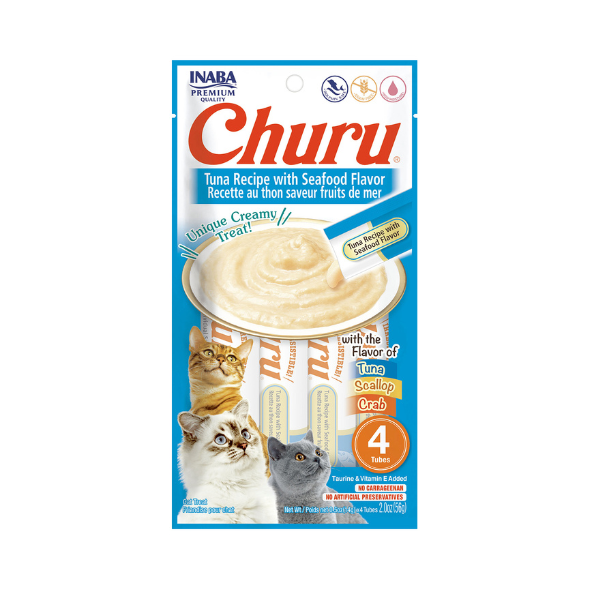 Inaba Churu Tuna Recipe with Seafood Flavor 14g x 4PCS (56g Total) – Lickable Cat Treats, Grain-Free, Preservative-Free, High-Moisture Hydrating Snack for Cats of All Ages