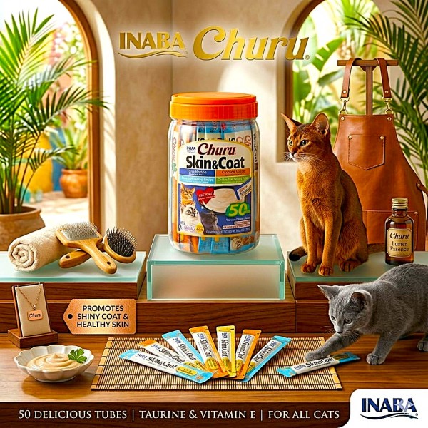Inaba Churu Skin & Coat Cat Treats Variety Pack 50 Tubes – Tuna & Chicken Creamy Lickable Treats with Omega-3 for Healthy Skin & Shiny Coat, Grain-Free, Low Calorie Cat Snacks