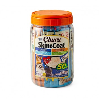 Inaba Churu Skin & Coat Cat Treats Variety Pack 50 Tubes – Tuna & Chicken Creamy Lickable Treats with Omega-3 for Healthy Skin & Shiny Coat, Grain-Free, Low Calorie Cat Snacks
