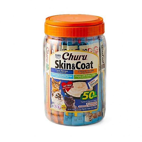 Inaba Churu Skin & Coat Cat Treats Variety Pack 50 Tubes – Tuna & Chicken Creamy Lickable Treats with Omega-3 for Healthy Skin & Shiny Coat, Grain-Free, Low Calorie Cat Snacks