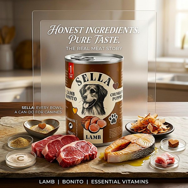 SELLA Lamb & Bonito Chunks in Gravy Wet Puppy Food, 12 Cans x 400g (4.8kg), Puppy Dog Food with Vitamins A, D3 and E, No Artificial Dyes or Preservatives, Made in Turkey