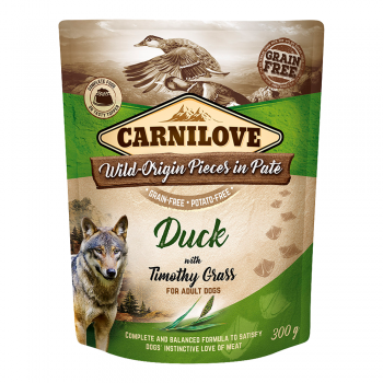 Carnilove Duck with Timothy Grass Wet Dog Food 300g Pouch – Grain-Free Adult Dog Food with 85% Meat & Organs | Hypoallergenic Complete Meal or Kibble Topper | Natural Dog Food