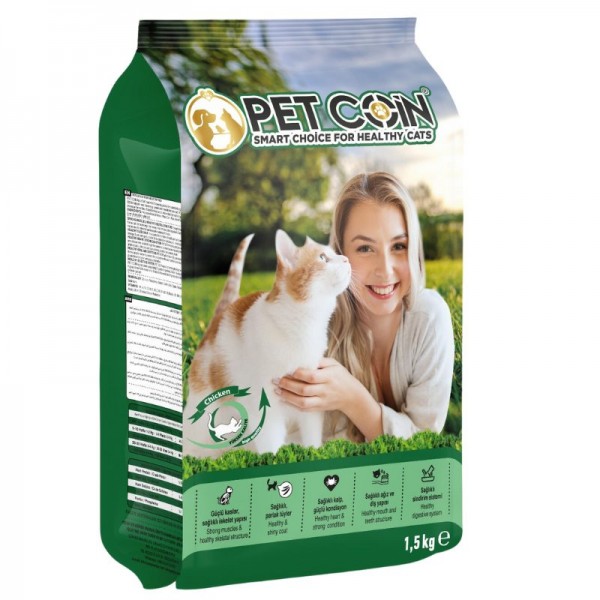 Pet Coin Adult Cat Food with Chicken 1.5Kg – High Protein Balanced Nutrition Dry Cat Food for Adult Cats with Real Chicken, Omega Fatty Acids, Vitamins & Minerals for Healthy Skin, Coat, Digestion & Muscle Support