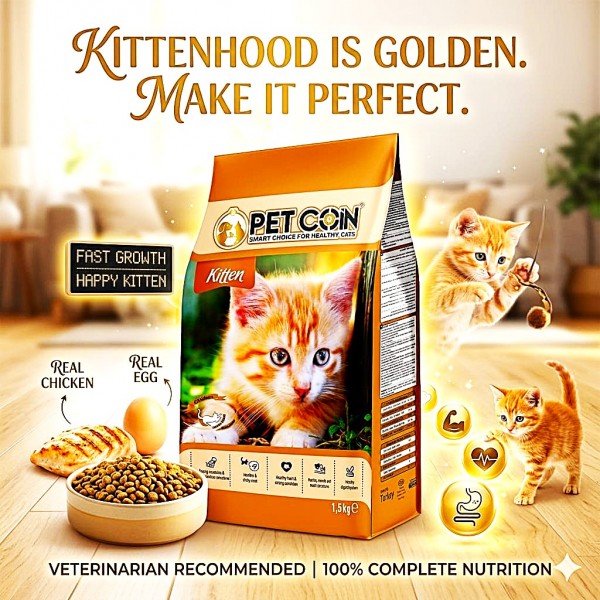 Petcoin Kitten Chicken Food 1.5kg – High Protein Growth Formula for Healthy Kitten Development | Balanced Nutrition with Chicken, Vitamins & Minerals for Strong Immunity, Brain & Coat Health