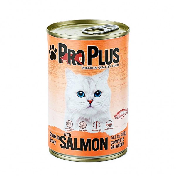 Pro Plus Premium Adult Wet Cat Food Salmon Chunks in Gravy, Complete and Balanced Cat Food with Taurine and Vitamins, 400g x 12 Cans, 4.8kg Multipack