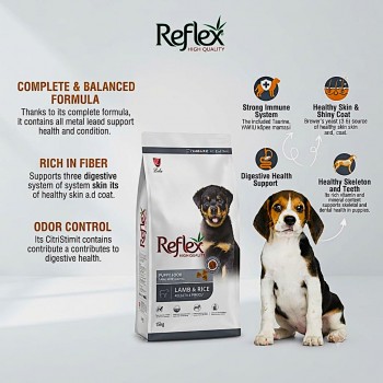Reflex High Quality Lamb & Rice Dry Puppy Food 15kg | Complete & Balanced Dog Food for Puppies | High Protein with Lamb, Omega 3 & 6, Prebiotics, Vitamins & Minerals for Healthy Growth, Skin & Coat