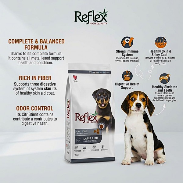 Reflex High Quality Lamb & Rice Dry Puppy Food 15kg | Complete & Balanced Dog Food for Puppies | High Protein with Lamb, Omega 3 & 6, Prebiotics, Vitamins & Minerals for Healthy Growth, Skin & Coat