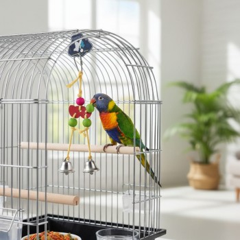 Pets Club Natural Wooden Bird Toy With Bell – Hanging Chew & Swing Toy for Parrots, Cockatiels, Parakeets & Caged Birds | Colorful Wooden Beads, Blocks, Cotton Rope & Metal Bells | Mental Stimulation & Playtime Activity | H-17 cm x W-5 cm