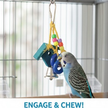 Pets Club Natural Wooden Bird Toy with Bell for Small & Medium Birds – Chewable Hanging Cage Toy with Natural Wood, Colorful Beads & Rope – Supports Chewing, Climbing, Foraging & Mental Stimulation – Easy Hook Attachment – 10 cm x 5 cm