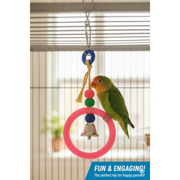 Pets Club Plastic Bird Toy with Bell – H 17 cm × W 8 cm | Ring Beller Hanging Toy for Small to Medium Birds