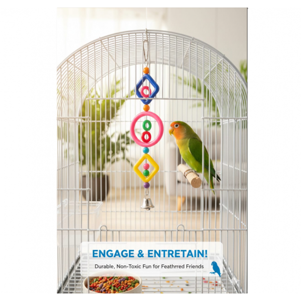 Pets Club Plastic Bird Toy with Bell – H 37 cm × W 8 cm, Colorful Rings & Beads for Small to Medium Birds