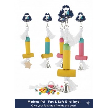 Pets Club Natural Wooden Bird Toy With Bell – Hanging Cage Toy for Small, Medium & Large Birds, Chew & Climb Play Accessory, Multi-Level Wooden Blocks with Cotton Rope & Metal Chime, Mental Stimulation & Anti-Boredom Bird Toy, 22 cm x 5 cm