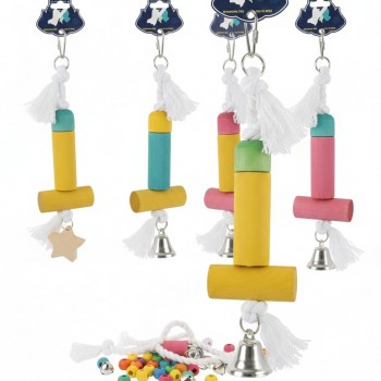 Pets Club Natural Wooden Bird Toy With Bell – Hanging Cage Toy for Small, Medium & Large Birds, Chew & Climb Play Accessory, Multi-Level Wooden Blocks with Cotton Rope & Metal Chime, Mental Stimulation & Anti-Boredom Bird Toy, 22 cm x 5 cm
