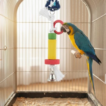 Pets Club Natural Wooden Bird Toy with Bell – Hanging Chew & Climb Toy for Medium to Large Birds | Macaws, Cockatoos, Parrots | Wooden Blocks, Rope & Bell for Exercise & Mental Stimulation