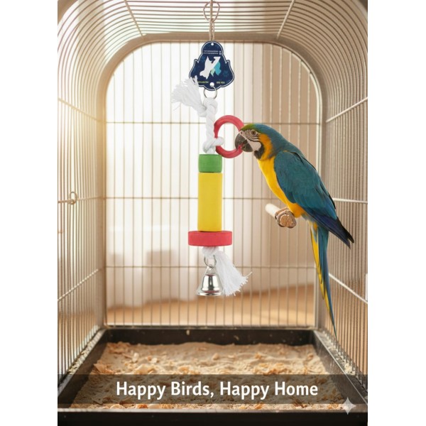 Pets Club Natural Wooden Bird Toy with Bell – Hanging Chew & Climb Toy for Medium to Large Birds | Macaws, Cockatoos, Parrots | Wooden Blocks, Rope & Bell for Exercise & Mental Stimulation