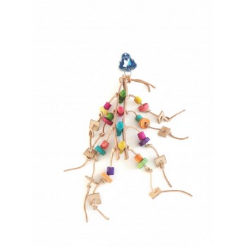 Pets Club Natural Wooden Bird Toy H-46 cm x W-3 cm – Hanging Leather & Colorful Wooden Bead Toy for Cockatiels, Parakeets, and Small Birds | Cage Swing & Chew Toy for Mental Stimulation