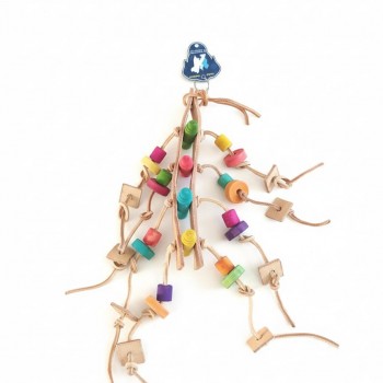 Pets Club Natural Wooden Bird Toy H-46 cm x W-3 cm – Hanging Leather & Colorful Wooden Bead Toy for Cockatiels, Parakeets, and Small Birds | Cage Swing & Chew Toy for Mental Stimulation