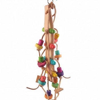 Pets Club Natural Wooden Bird Toy H-46 cm x W-3 cm – Hanging Leather & Colorful Wooden Bead Toy for Cockatiels, Parakeets, and Small Birds | Cage Swing & Chew Toy for Mental Stimulation