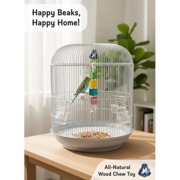 Pets Club Natural Wooden Bird Toy 30cm Hanging Chew Toy with Bell for Budgies Parakeets Parrots Colorful Wooden Blocks Cage Toy for Beak Grinding Play Exercise Stimulation