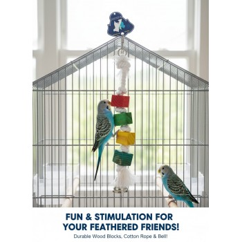 Pets Club Natural Wooden Hanging Bird Toy 27 cm – Colorful Wooden Block & Rope Cage Toy with Bell for Budgies, Parakeets, Cockatiels & Small to Medium Pet Birds | Chewing, Climbing, Mental Stimulation & Boredom Relief Enrichment Toy